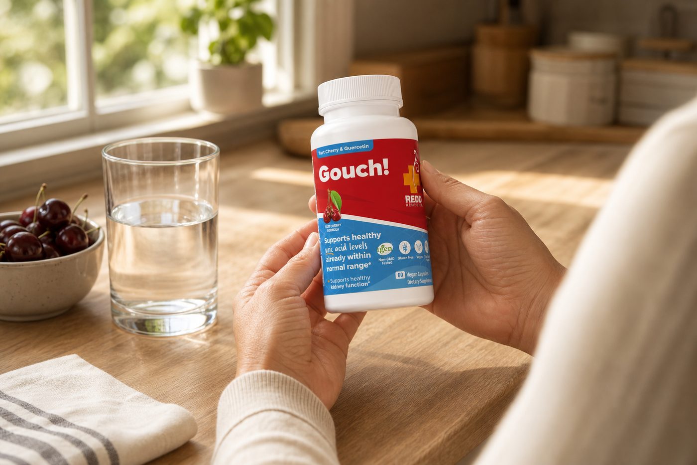 A glass of water and the Gouch! bottle on a sunlit kitchen counter as part of a daily routine